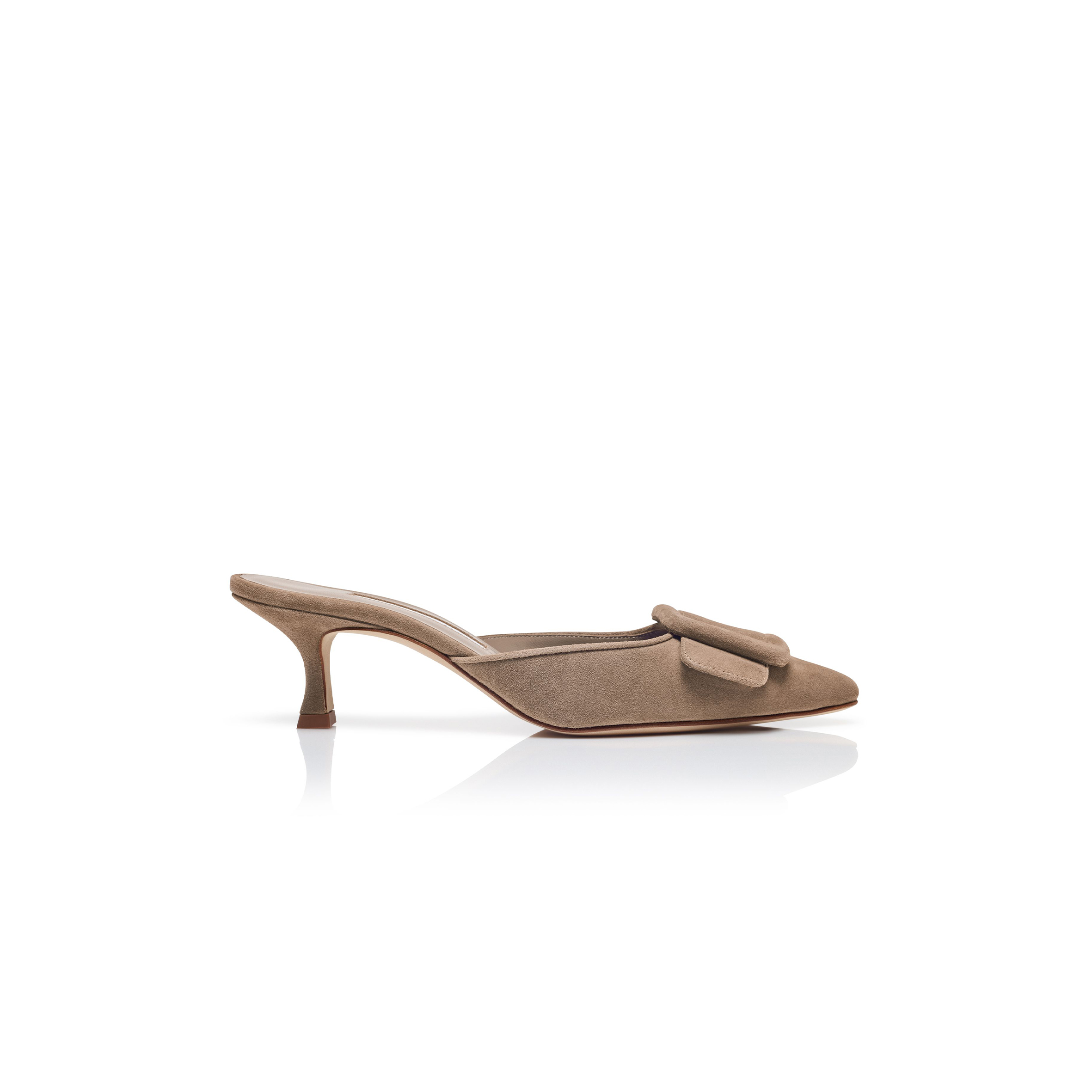 MANOLO BLAHNIK MAYSALE LIGHT BROWN SUEDE BUCKLE DETAIL MULES 9XX-0246-0079